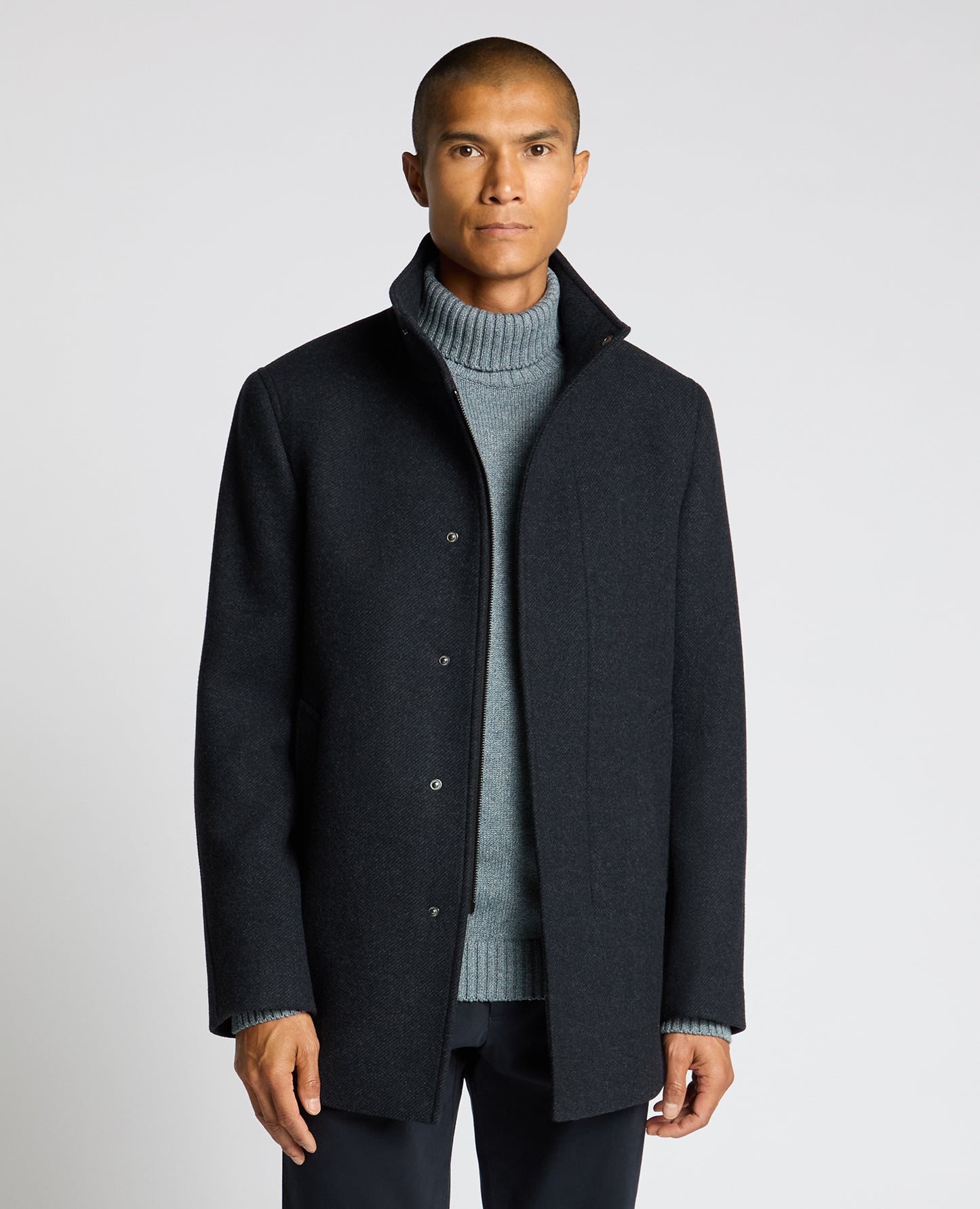 Man wearing a blue Jacob Regular Fit Wool Blend Coat