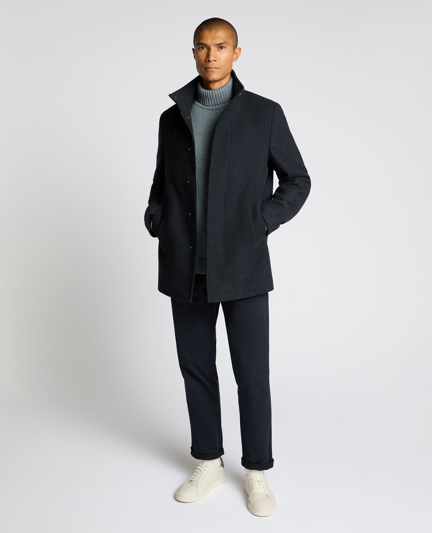 Man wearing a blue Jacob Regular Fit Wool Blend Coat