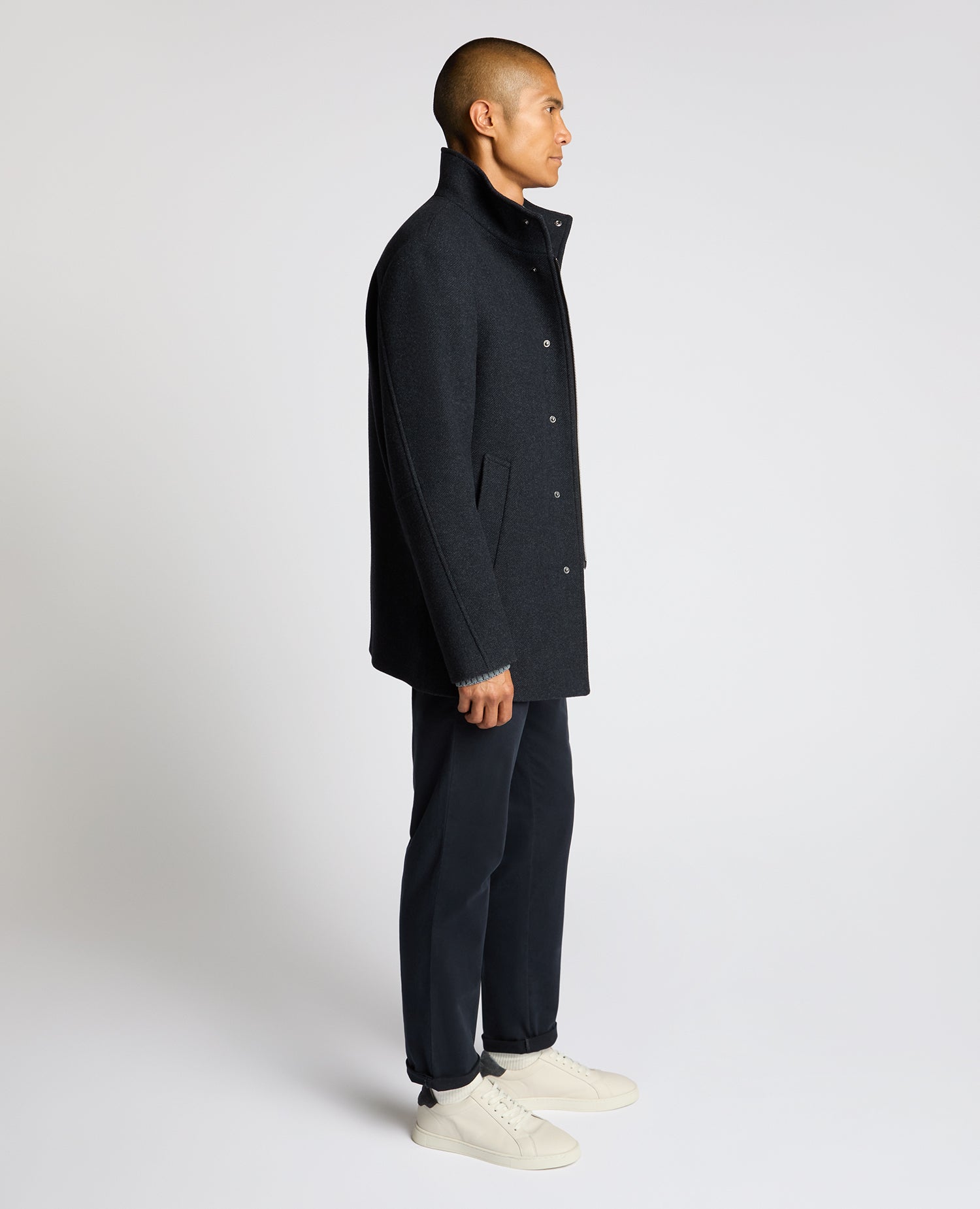Man wearing a blue Jacob Regular Fit Wool Blend Coat