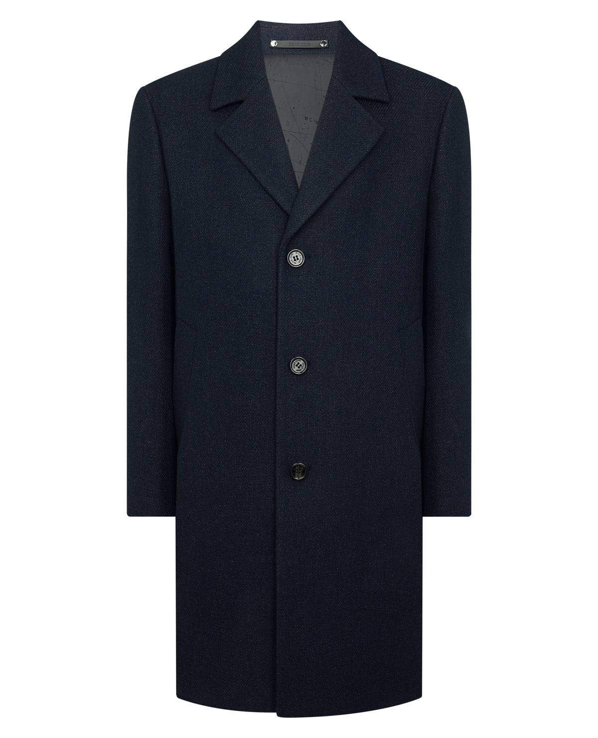 Man wearing a navy Dylan Relaxed Fit Wool Blend Coat