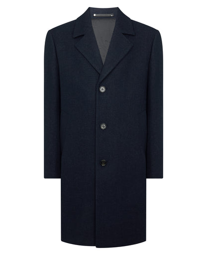 Man wearing a navy Dylan Relaxed Fit Wool Blend Coat