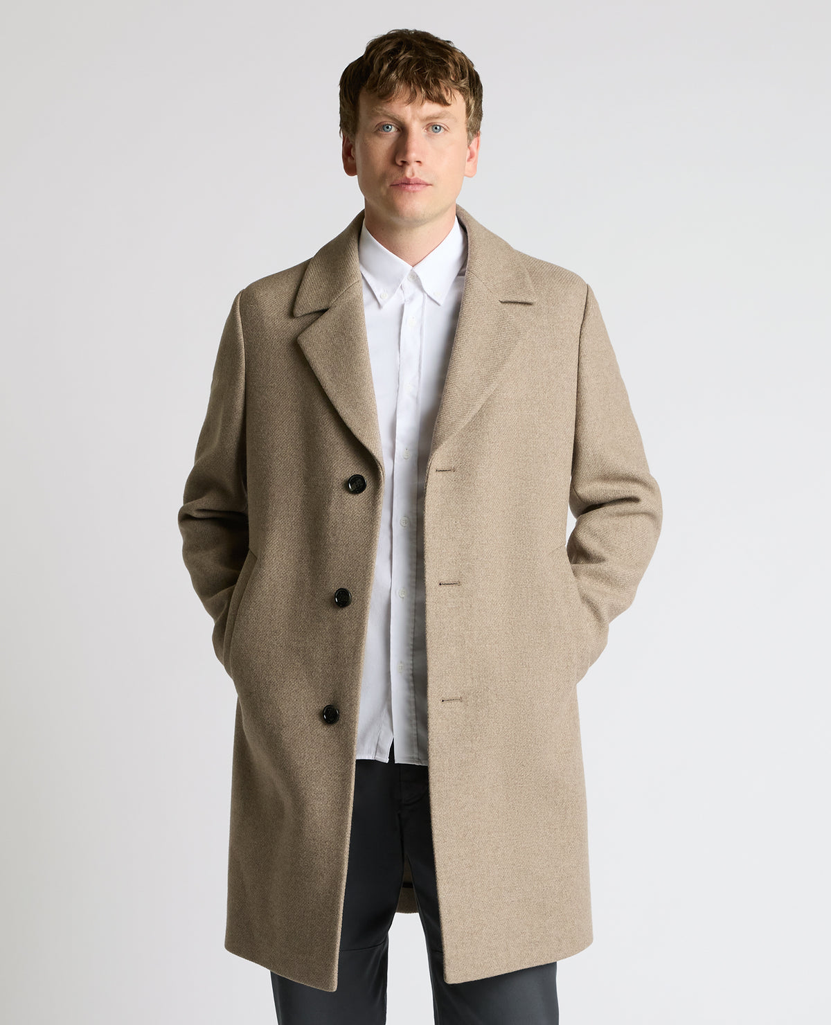 Man wearing a sand Dylan Relaxed Fit Wool Blend Coat