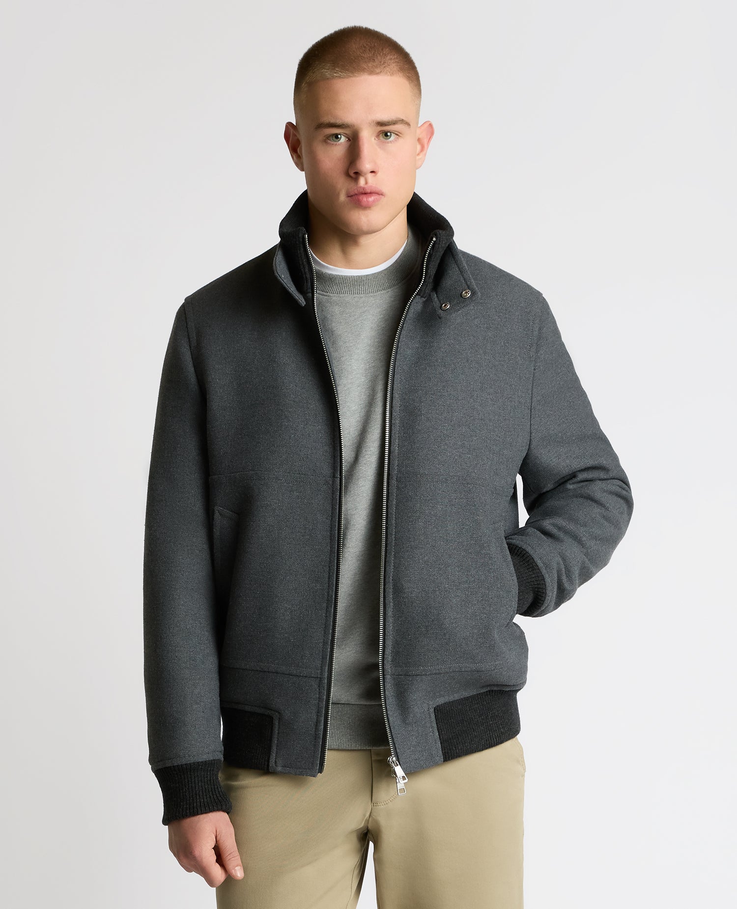 Man wearing a grey Braxton Regular Fit Twill Jacket