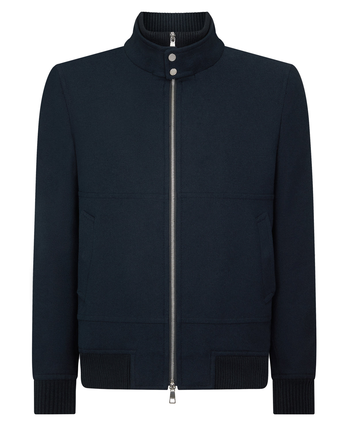 Man wearing a navy Braxton Regular Fit Twill Jacket