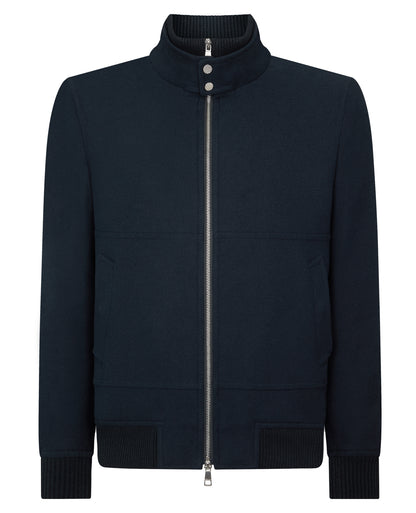 Man wearing a navy Braxton Regular Fit Twill Jacket