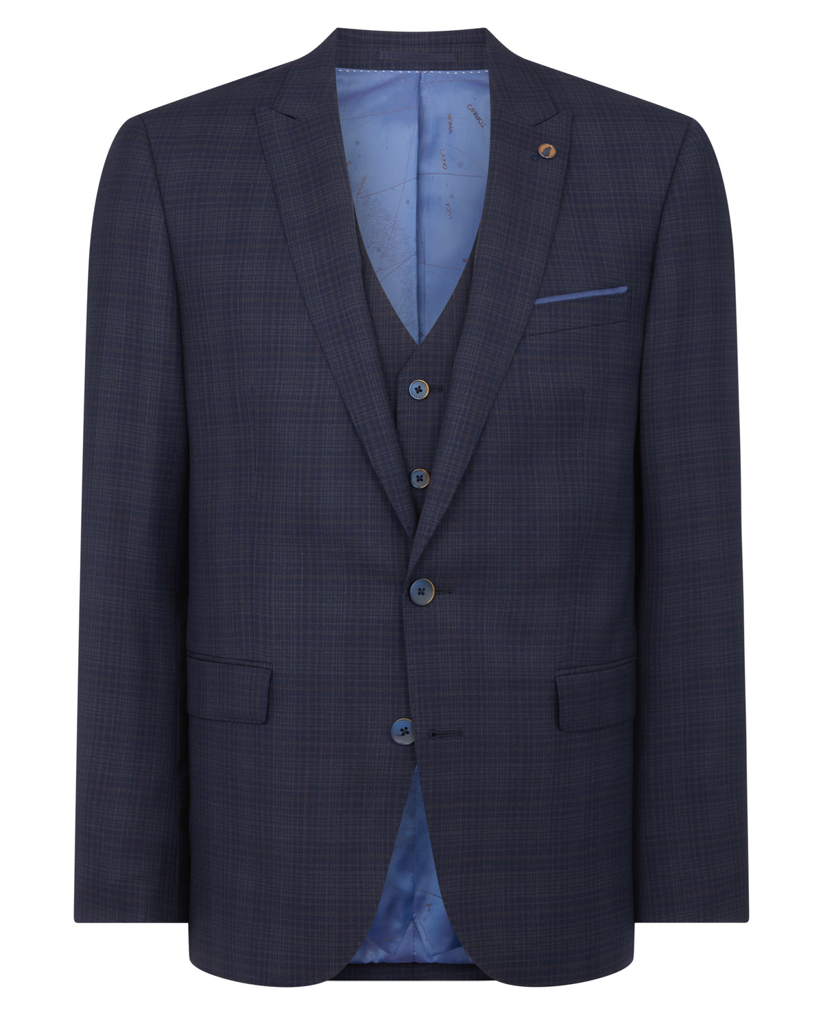 Man wearing a navy Tapered Fit Checked Wool Rich Mix and Match Suit