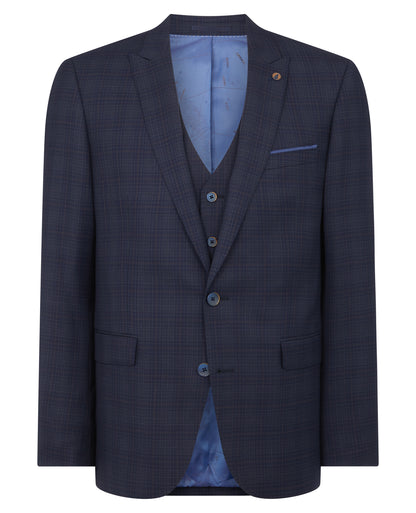 Man wearing a navy Tapered Fit Checked Wool Rich Mix and Match Suit