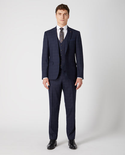 Man wearing a navy Tapered Fit Checked Wool Rich Mix and Match Suit