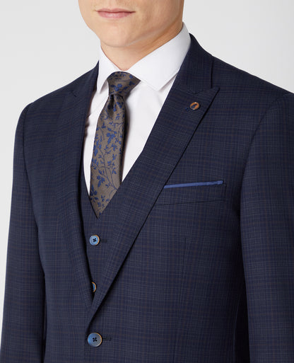Man wearing a navy Tapered Fit Checked Wool Rich Mix and Match Suit