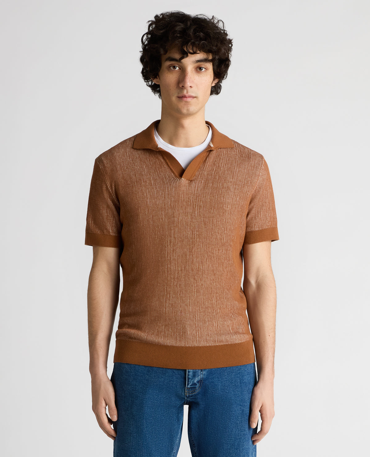 Man wearing a brown Slim Fit Textured Knit Polo