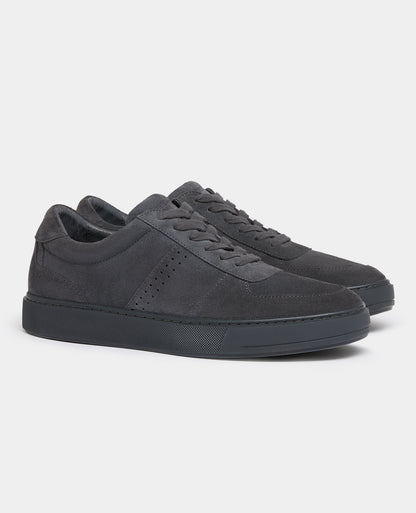 Man wearing a grey Charcoal Grey Suede Trainer