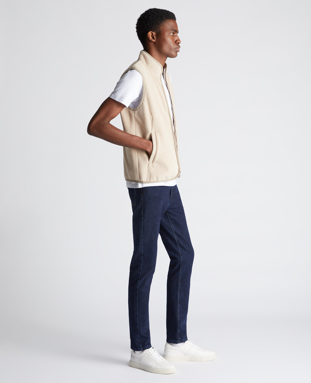 Man wearing a sand Slim Fit Gilet Fleece