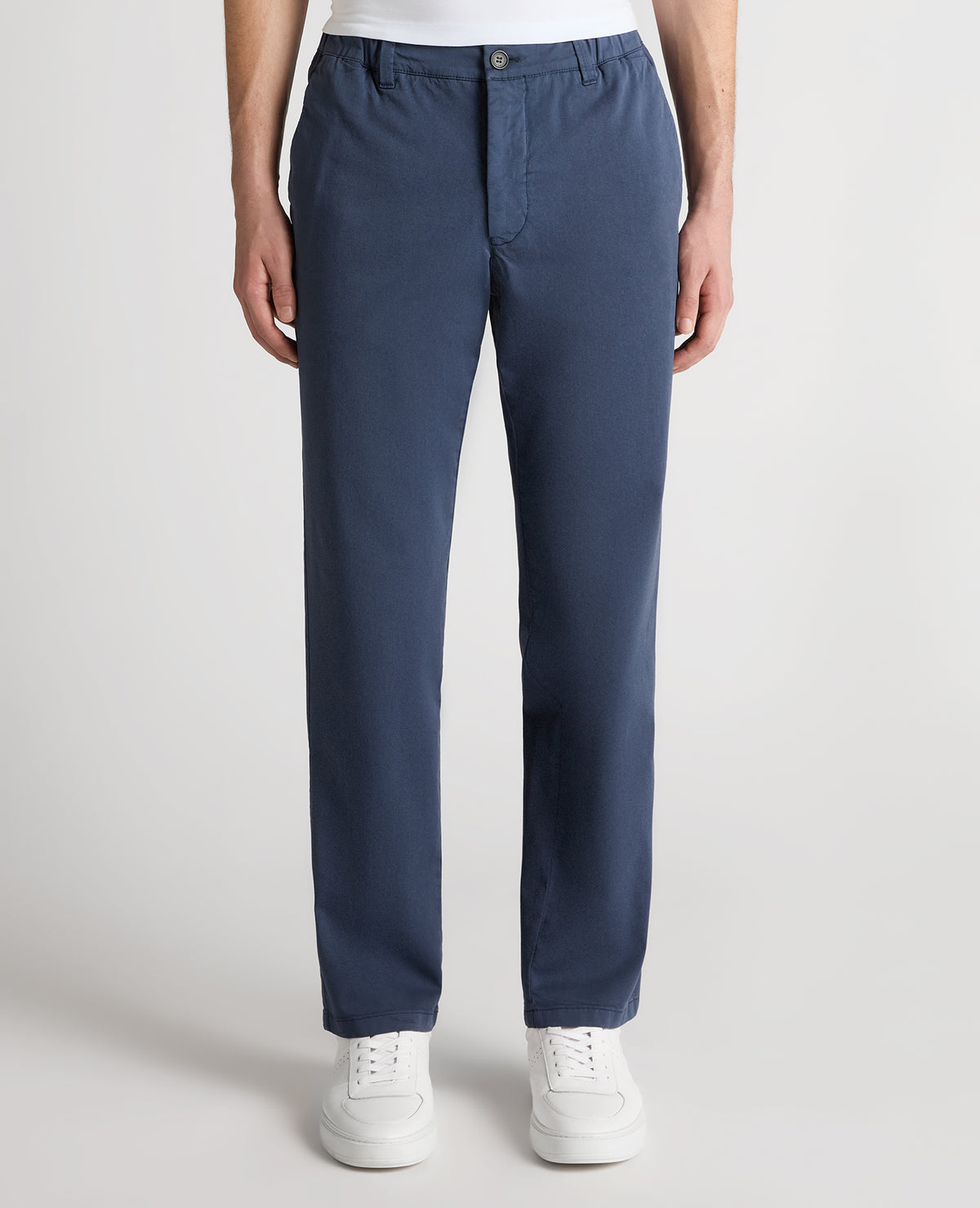 Man wearing a blue Straight Leg Cotton-Tencel Blend Chinos