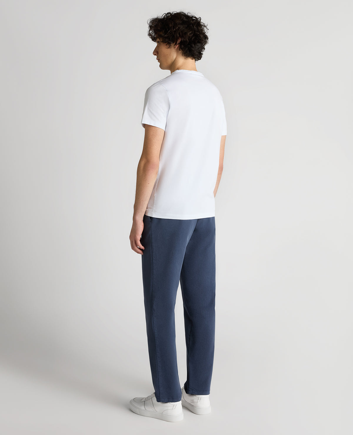 Man wearing a grey Straight Leg Cotton-Tencel Blend Chinos
