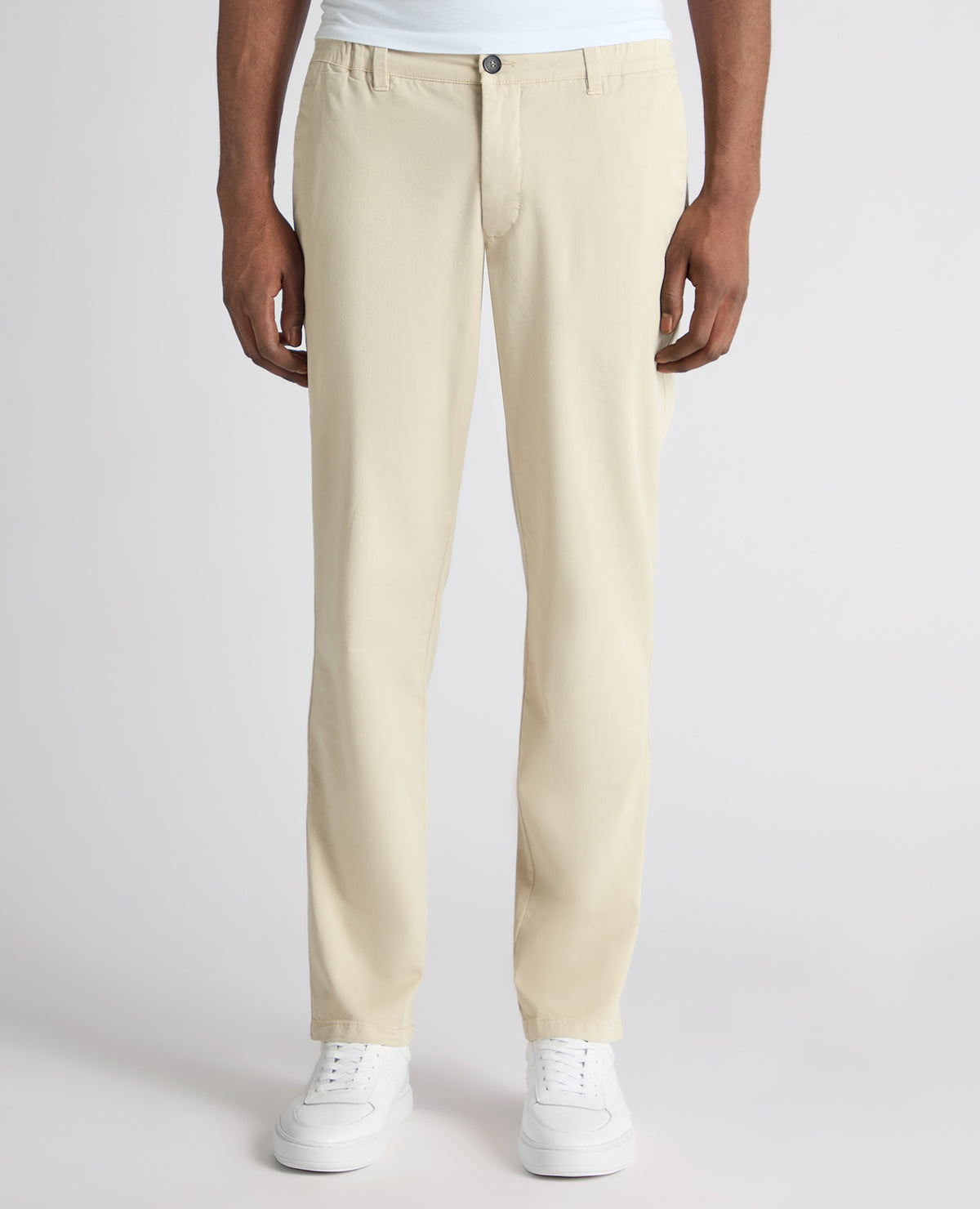 Man wearing a sand Straight Leg Cotton-Tencel Blend Chinos