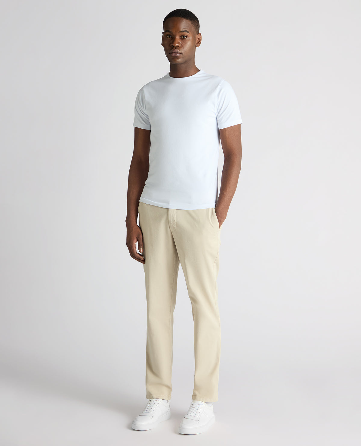 Man wearing a sand Straight Leg Cotton-Tencel Blend Chinos
